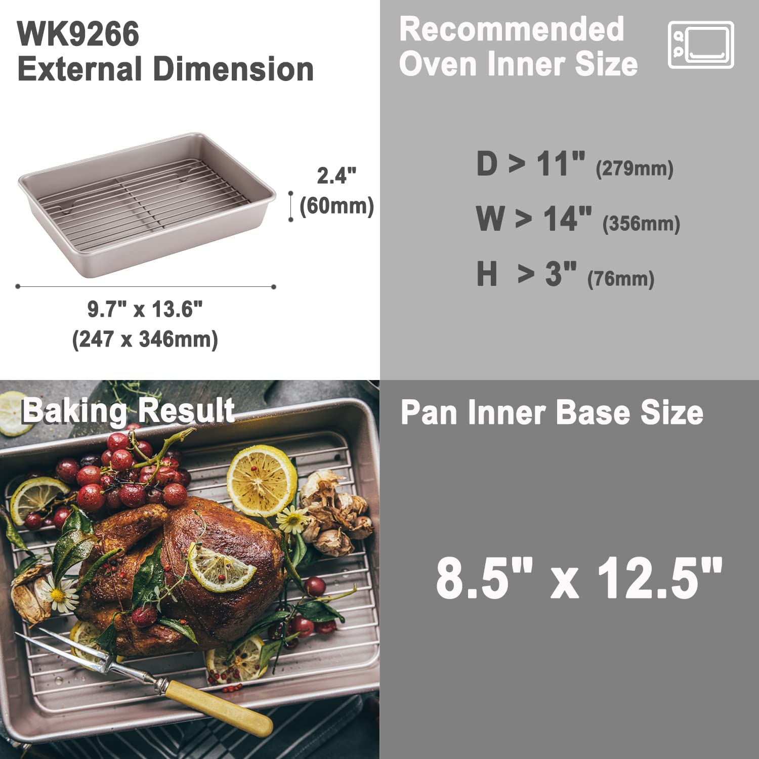 Ovente Oven Roasting Pan 13 x 9.4 Inch Stainless Steel Portable Baking Tray  with Rack and Handle, Silver, CWR23131S