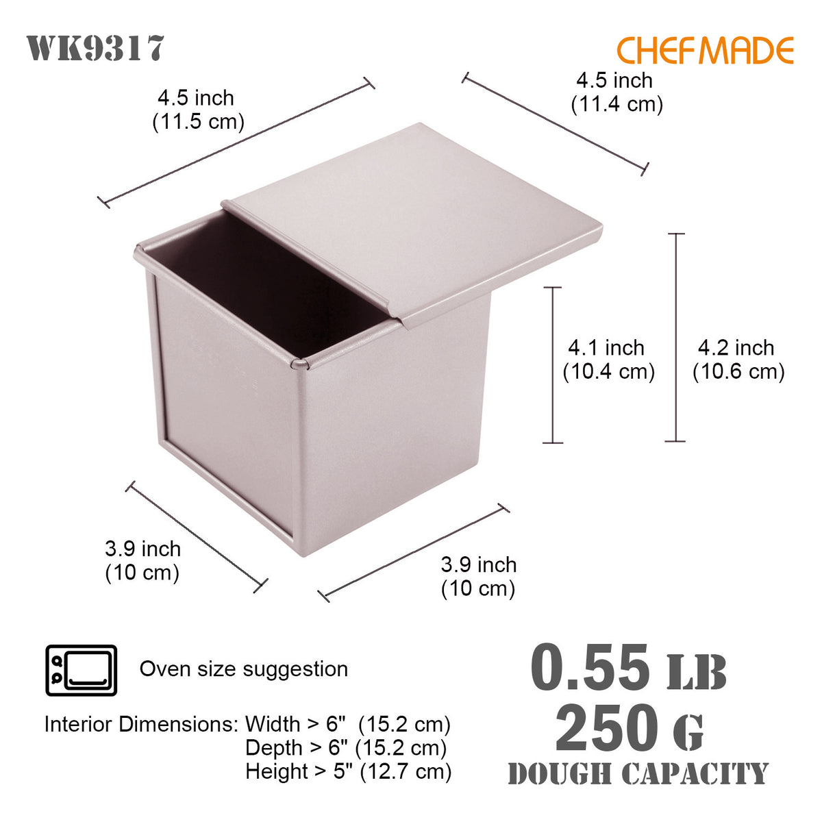 4" x 4" Flat Toast Box (250G Dough Capacity)