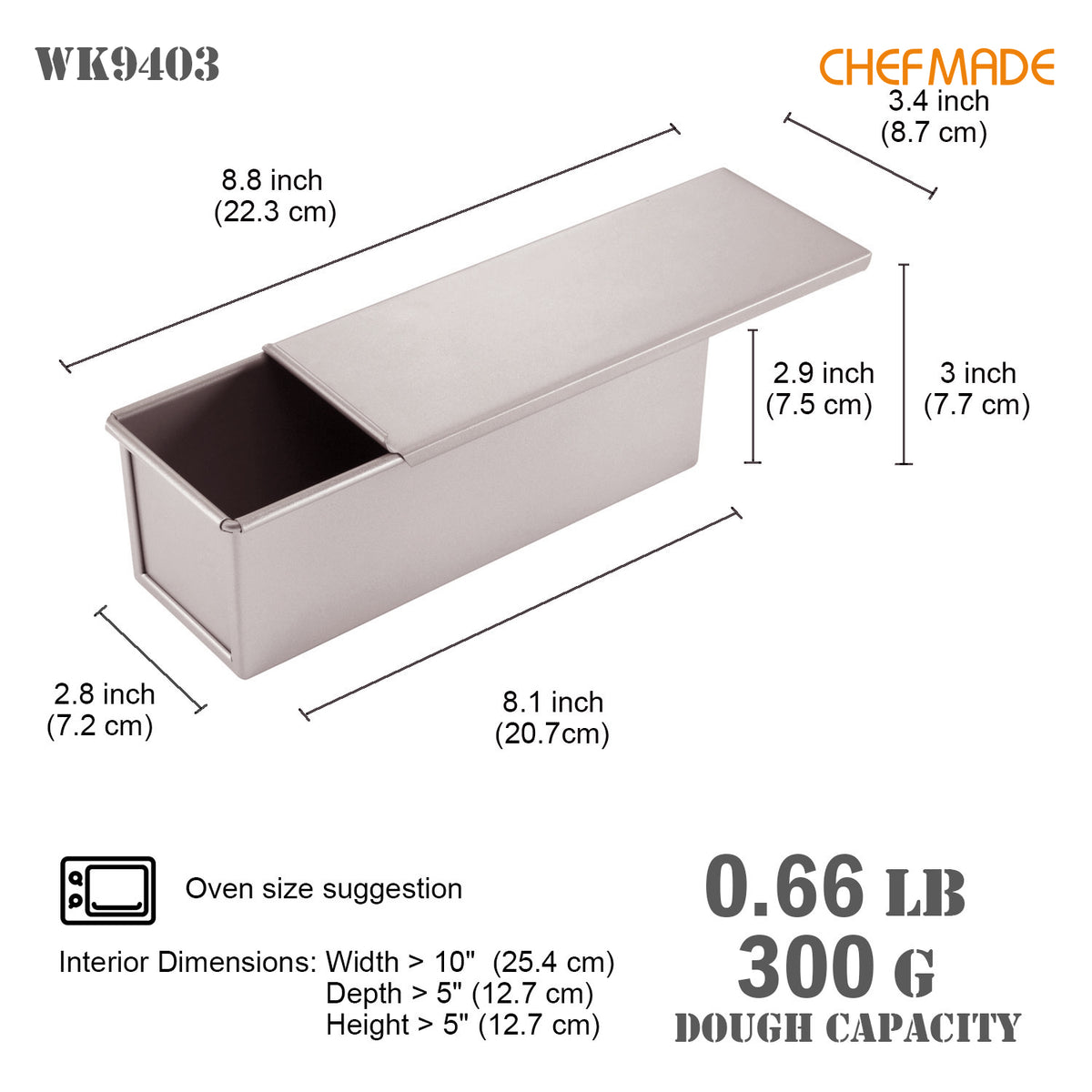 3" x 8" Flat Toast Box (300G Dough Capacity)