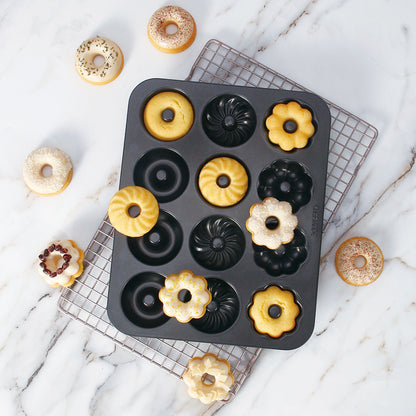 Donut Cake Pan Fancy-Shaped 12 Well (Black)