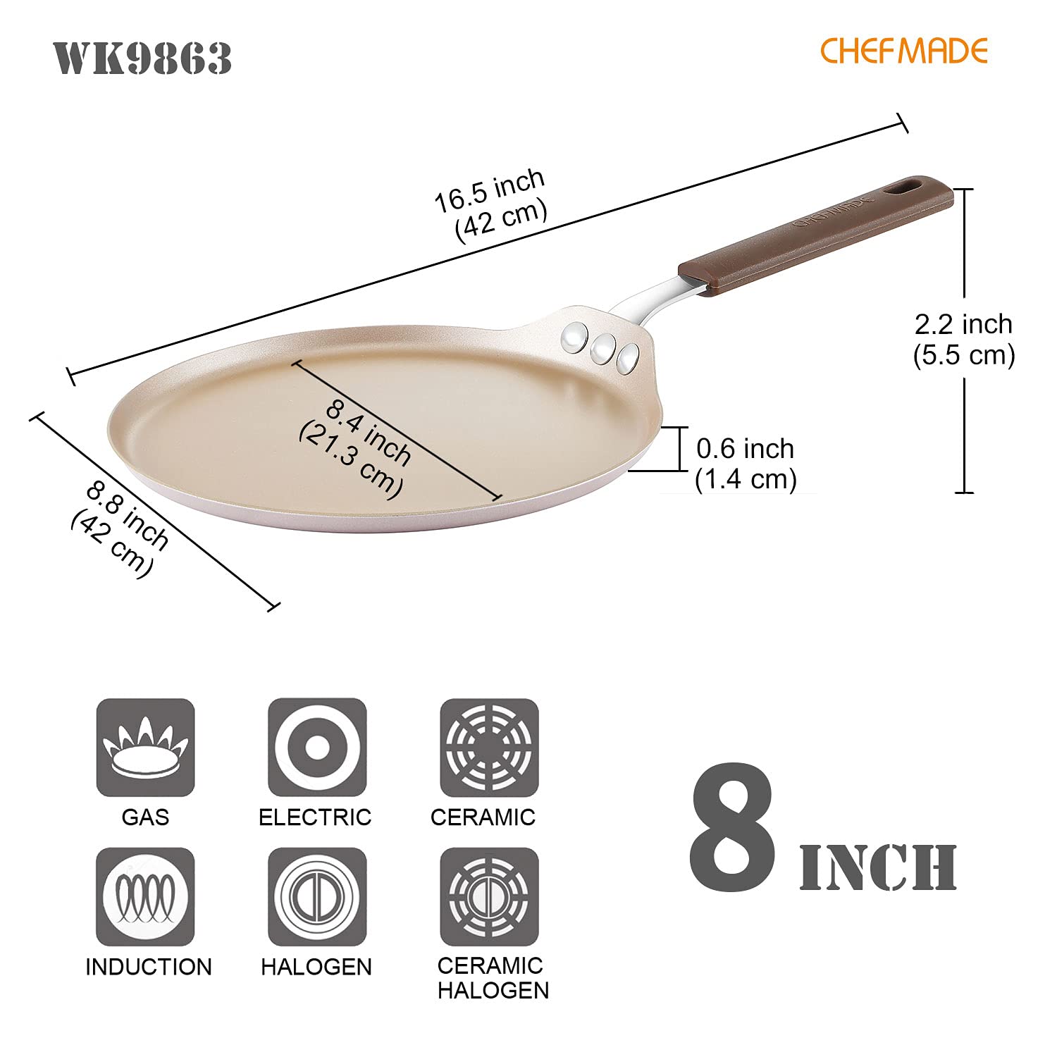 bodkar Frying Pan Skillet 8-inch Flat Crepe Pan, Lightweight Grill Pan with  Wooden Handle for Camping Indoor Outdoor Cooking