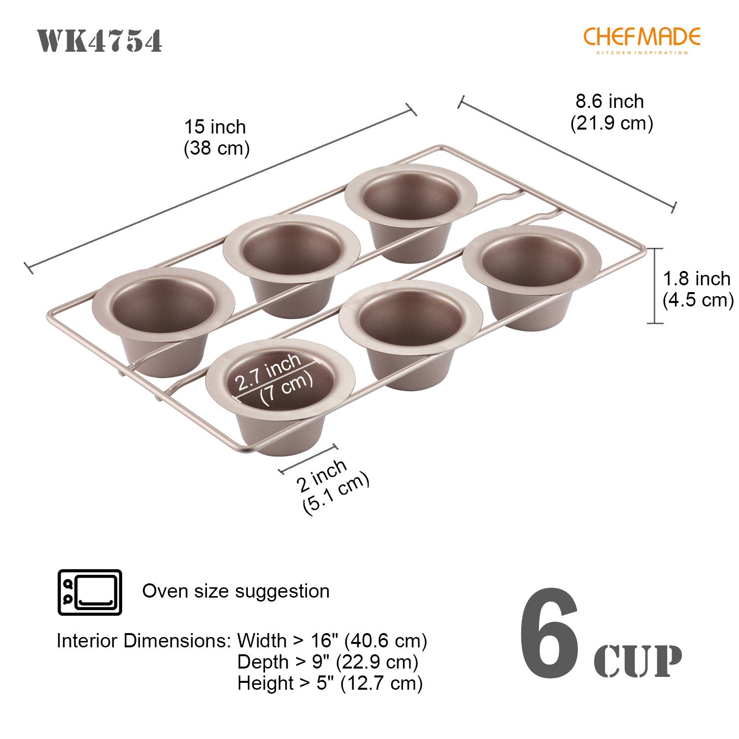Baker's Mark 6 oz. Non-Stick Carbon Steel Popover Pan - 6 Cup Capacity, 16  x 9 1/4 x 2 1/4