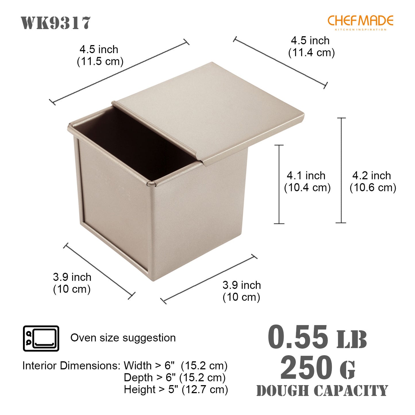4" x 4" Flat Toast Box (250G Dough Capacity)
