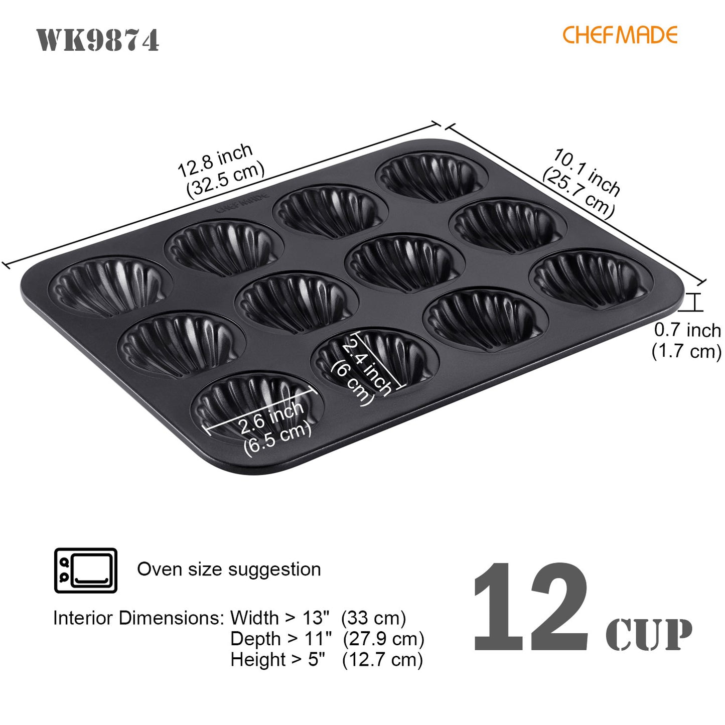 Madeline Cake Pan Scallop-Shaped 12 Well (Black)